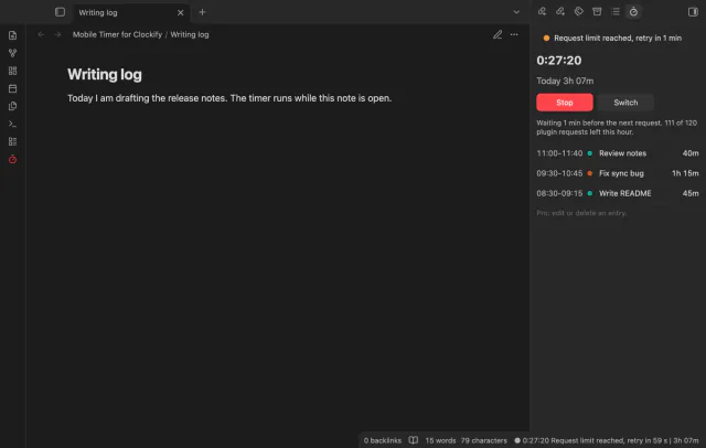 The timer panel with the line Request limit reached, retry in 1 min, and 111 of 120 plugin requests left this hour.