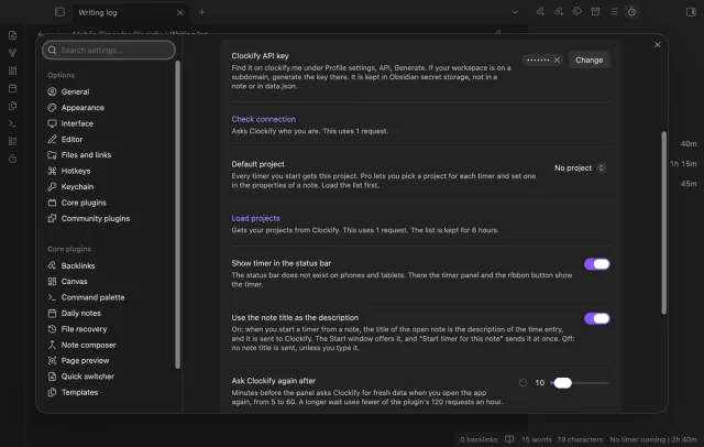 The plugin settings with the Clockify API key row, the default project, and the switch Use the note title as the description turned on.