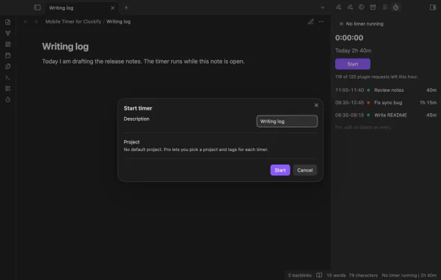 The Start timer window with the description Writing log, and a Project row that says No default project.