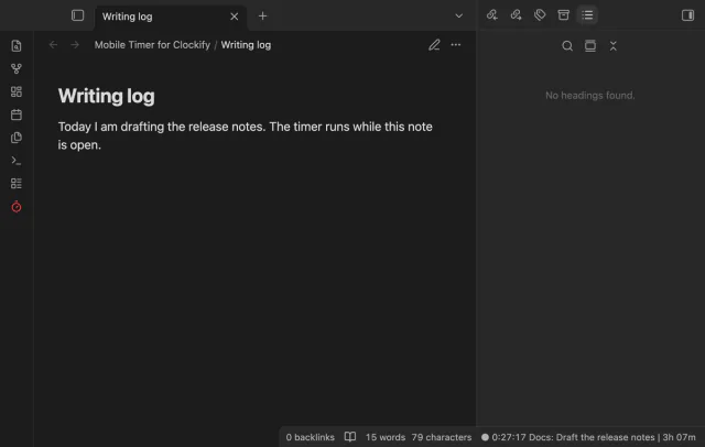 The status bar shows 0:27:17, the project Docs, the entry Draft the release notes and the day total 3h 07m.