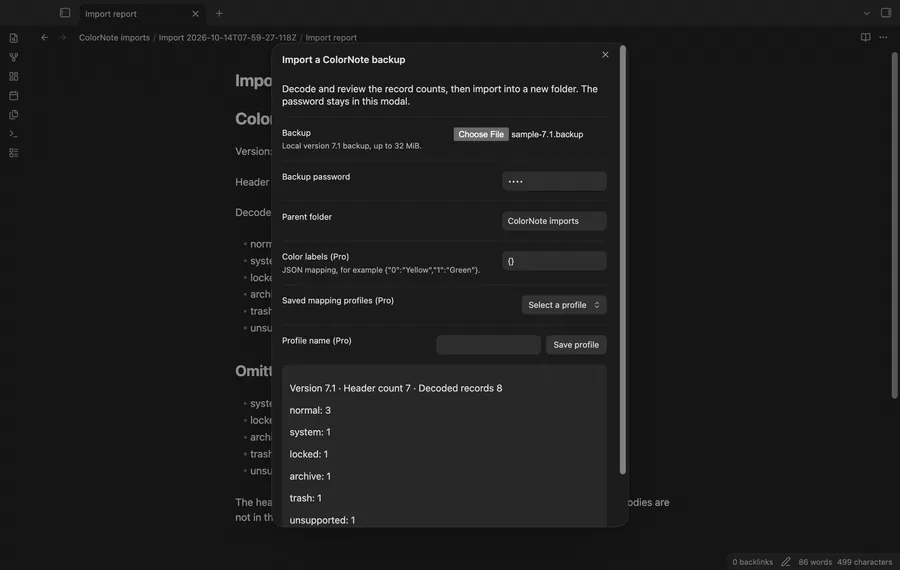 Review a backup and open imported sample notes