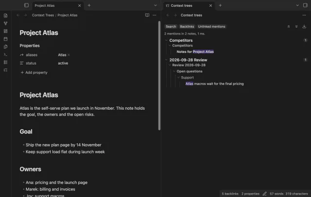 The Unlinked mentions tab with 2 mentions in 2 notes, the words Project Atlas and Atlas marked under their headings.