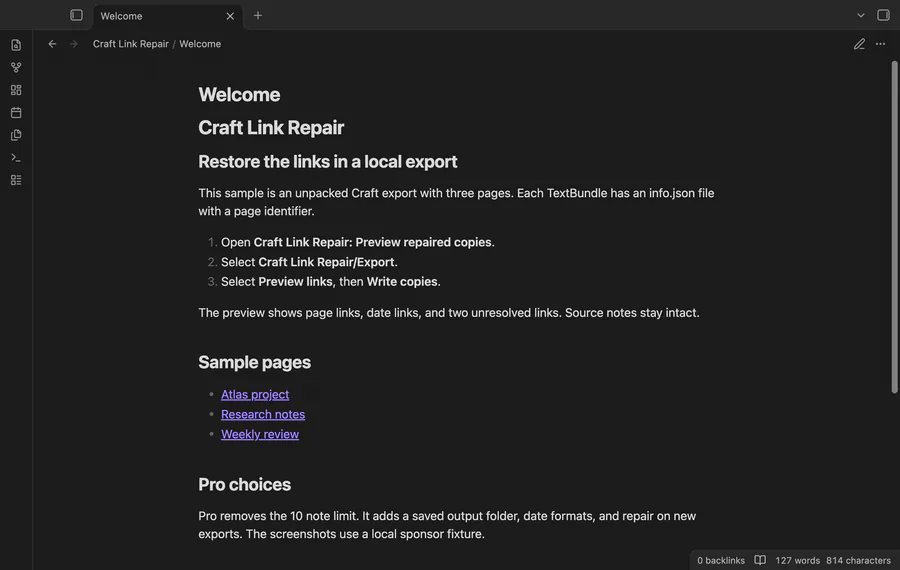 Preview local page and date links, write copies, then open the repair report.