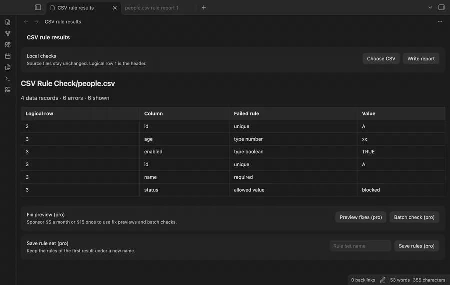 Inspect CSV errors and review a fix preview