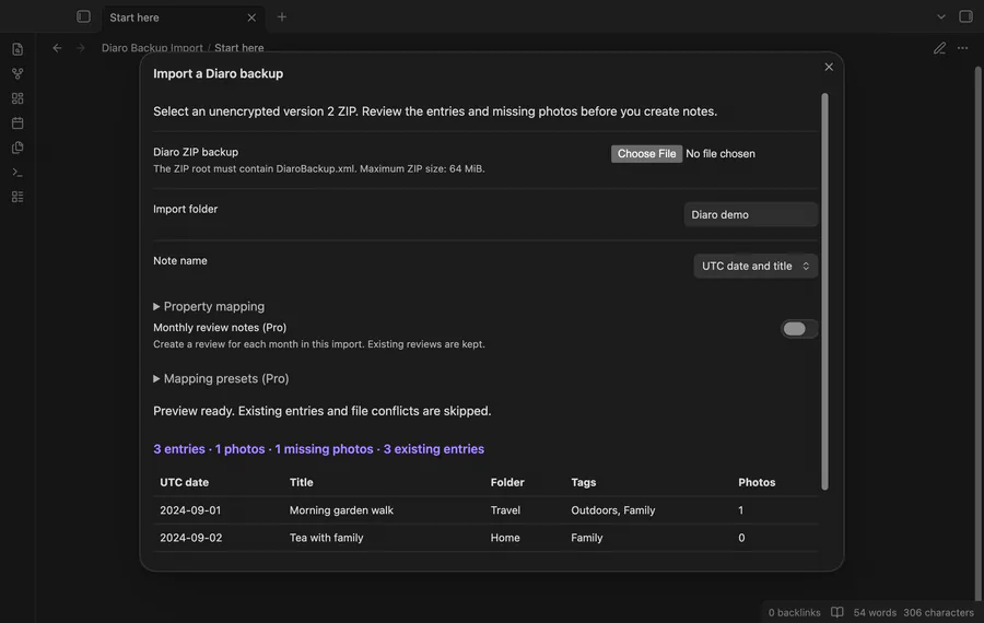 Preview a Diaro backup, import its entries, and read a note with a local image.