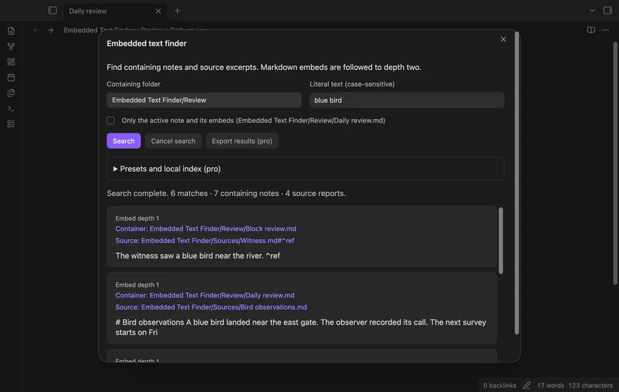 Search containing notes, inspect a heading source and read source reports