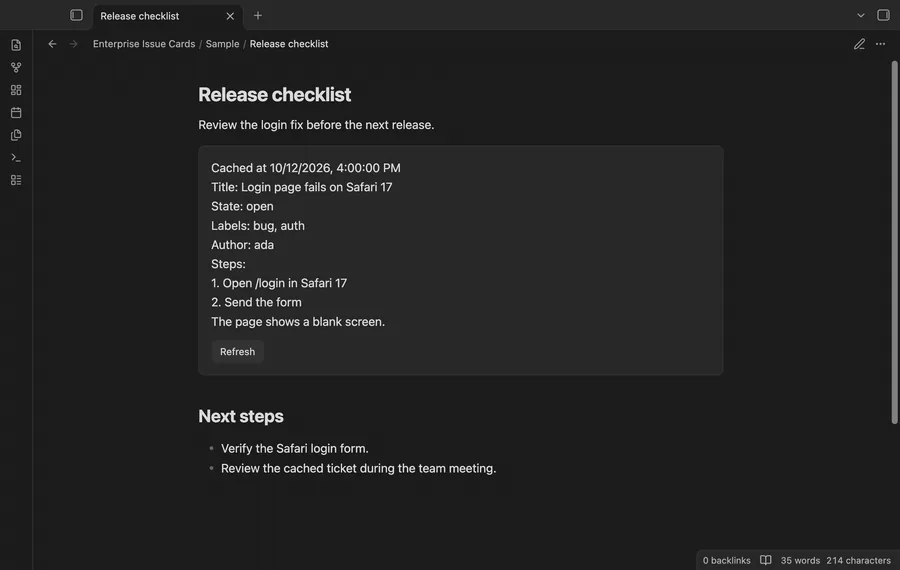 An issue card changes after selecting Refresh
