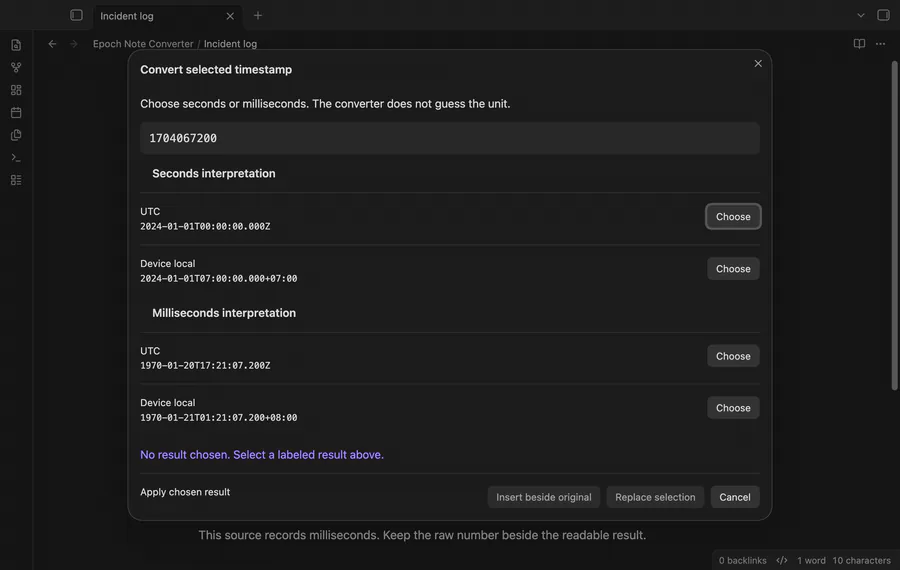 Preview a timestamp, choose seconds, insert a UTC result and use Undo.