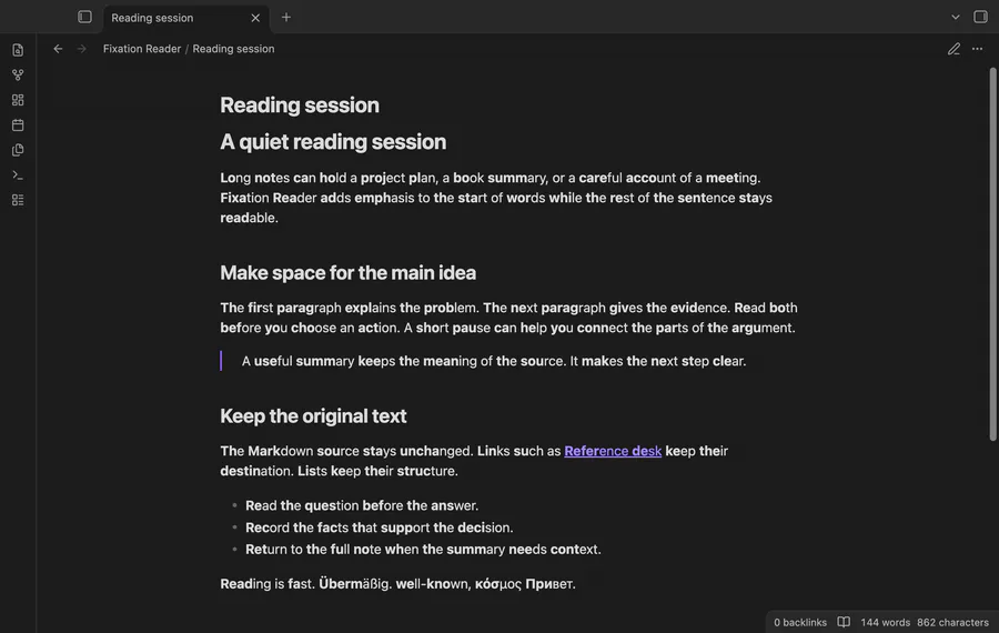 A sample reading session with word starts on, off, then on again