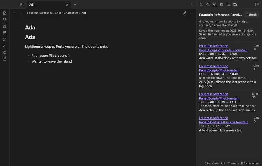The panel follows the active note from Ada to Ben to the lighthouse note, then refreshes