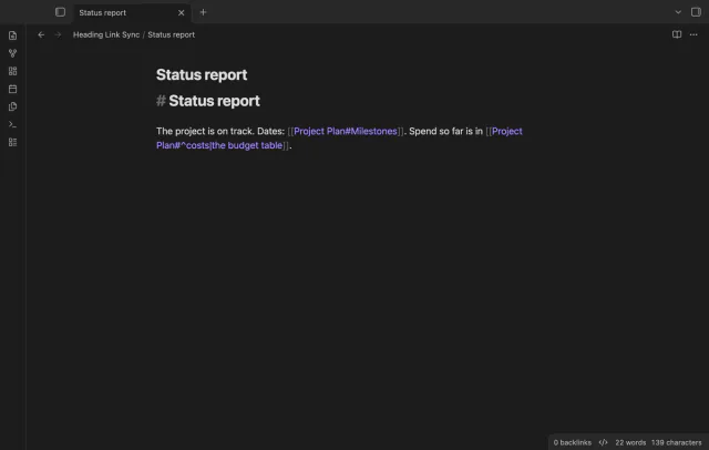 A status report where the link to a block now uses the new block ID costs.