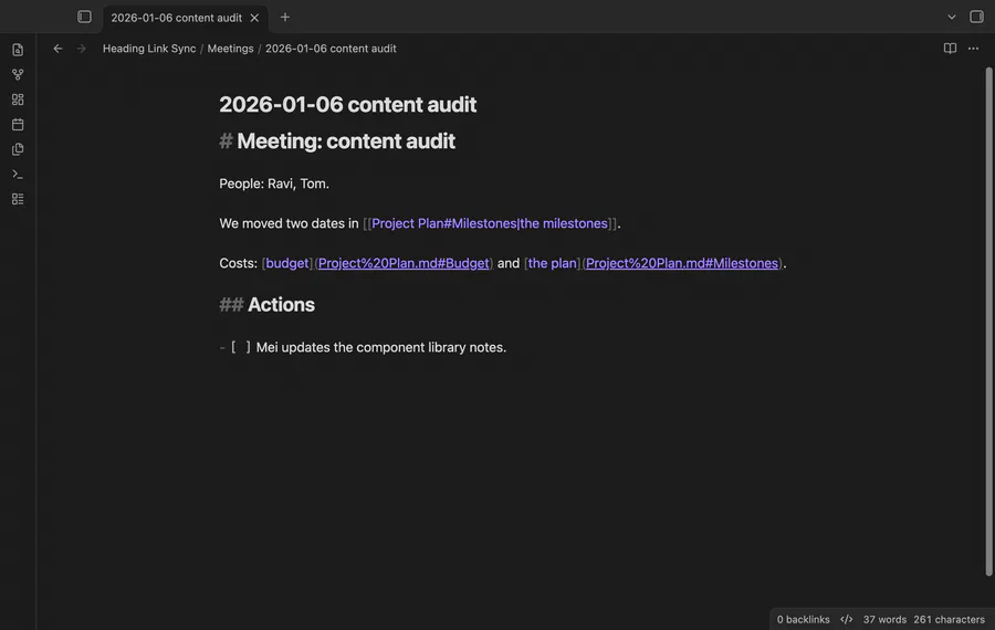 Typing a new heading text, then a meeting note that shows the updated link