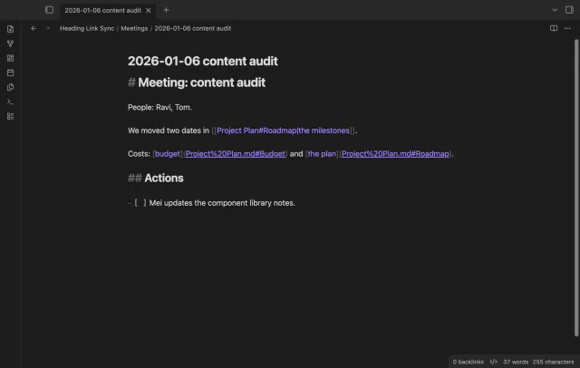 A note with Markdown links whose heading part now reads Roadmap with %20 for the spaces.