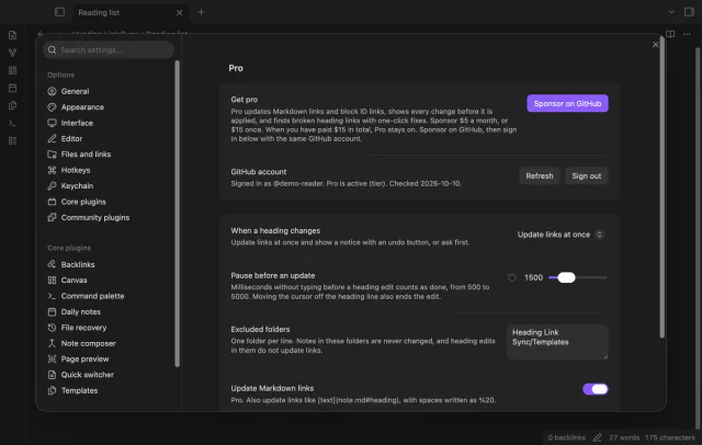 Settings with the Pro section, the update mode, the pause, the excluded folders and the two Pro switches.