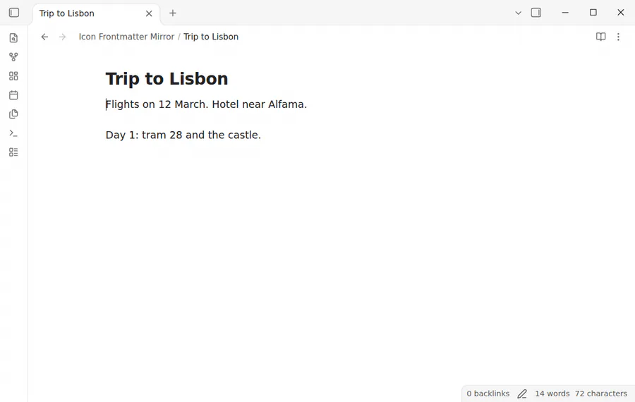 A note without an icon property, then the same note with icon LiPlane after the Iconize data changes
