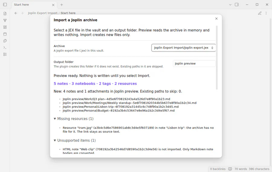 Preview a Joplin archive, import it, then read a linked note and a note with an embedded sample image