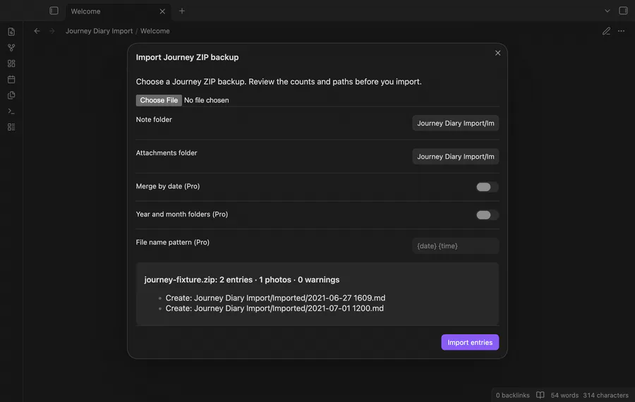 Preview a Journey backup, then review its imported note and photo