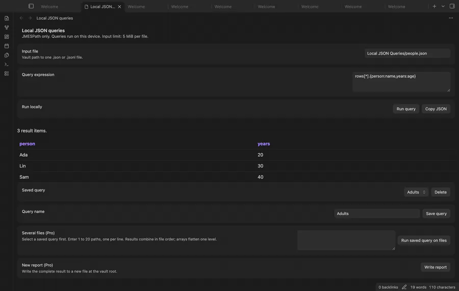 A local query changes from a table to names and then a scalar count