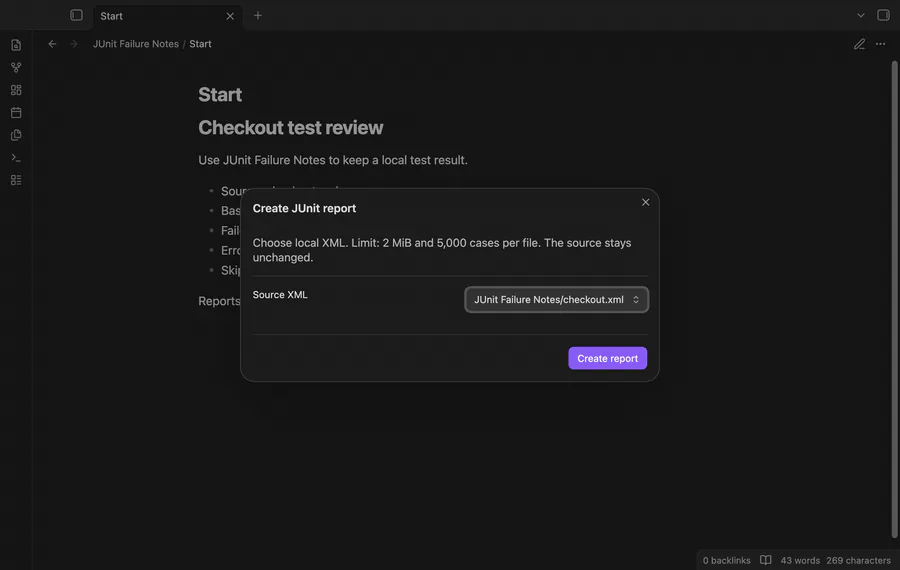 Choose a local XML report and inspect test counts and a failure log