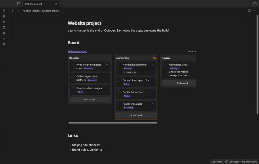 Open the project page, check off a card, then move a card to Review