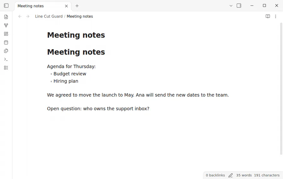 A meeting note in Live Preview: Ctrl+X with the cursor in a paragraph shows a notice and the paragraph stays, then two selected words are cut as usual