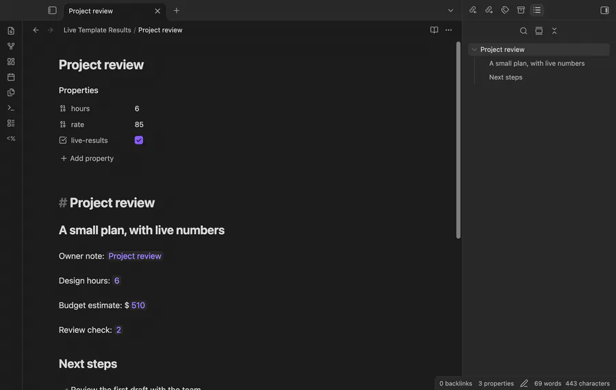 A note with template results, editable commands, and refreshed results