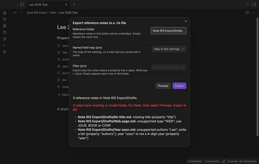 Preview draft notes with errors, switch to the Refs folder and export a RIS file