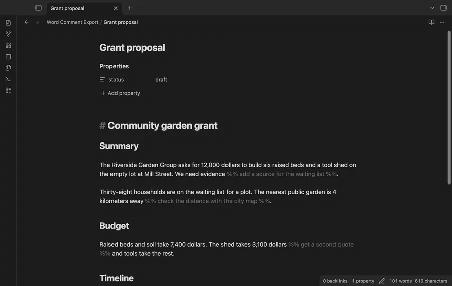 A grant proposal note with four inline comments is exported. The preview shows the comment count, then a notice gives the new DOCX file
