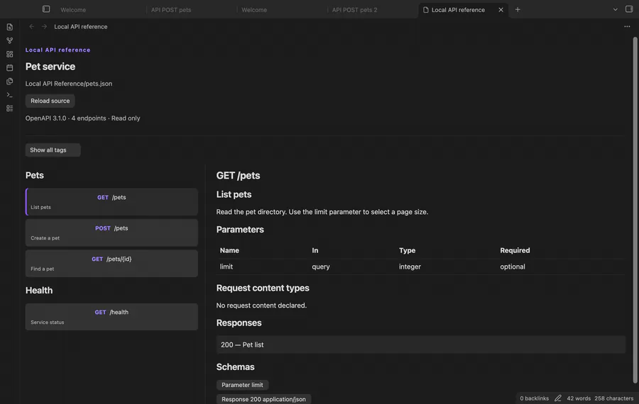 Select local API endpoints and open a schema