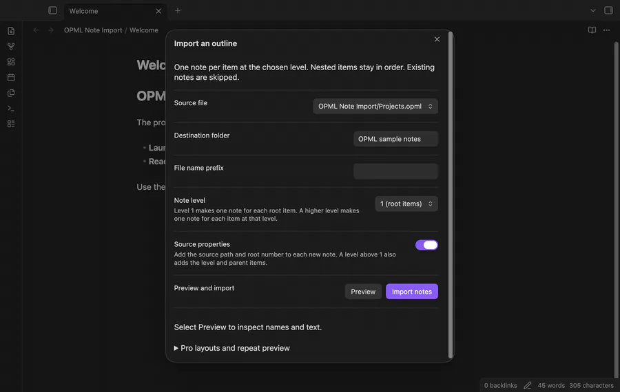 The demo selects a sample outline, previews its roots and shows the import result.