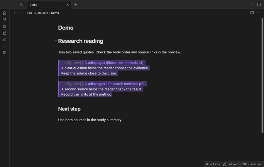 Preview two saved quotes, apply the join, then restore the original callouts with Undo