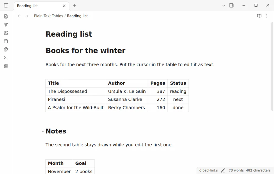 A note in Live Preview: the cursor moves into a reading list table, the table shows as Markdown text, a cell changes, and the table is drawn again when the cursor leaves