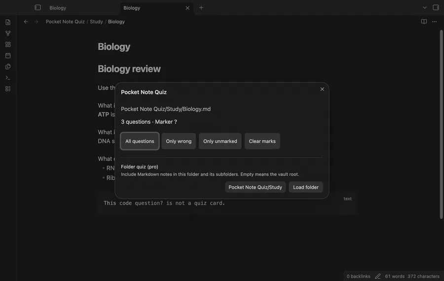 Start a biology quiz, reveal answers, and finish with a score