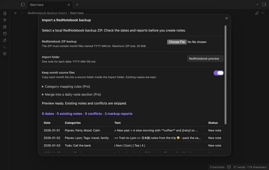 Preview a RedNotebook backup, read a converted note, and see a merged daily note