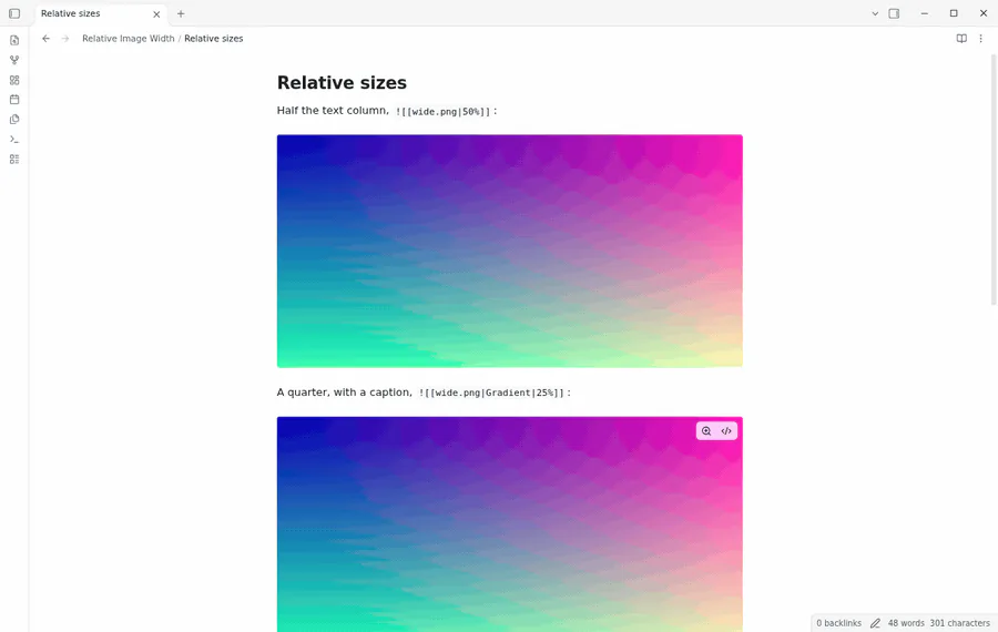 A note with four images: first each image fills the column, then the plugin sizes them at 50 percent, 25 percent, 12 rem and 200 pixels
