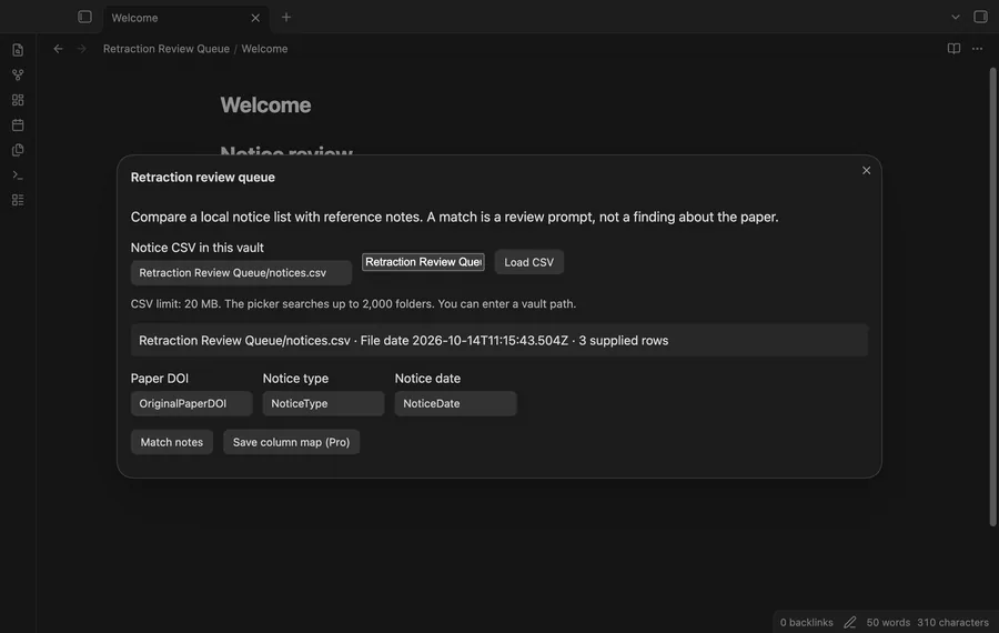 Load a sample CSV, match notes, inspect a notice, and check a review item