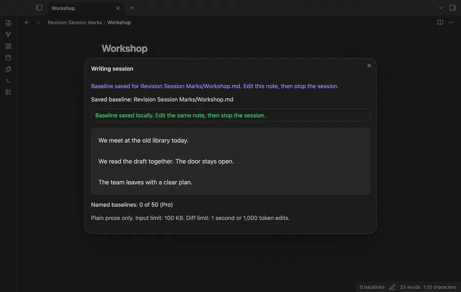 Save a prose baseline and make a marked review after an edit