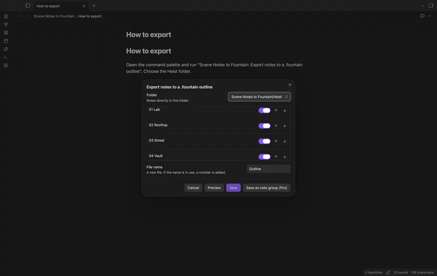 The export window opens on four scene notes, shows the preview, moves the vault scene up and saves a new Fountain file