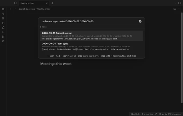 The query path:meetings created:2026-09-01..2026-09-30 with two meeting notes from September.