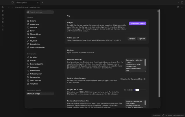 The settings tab with the Pro section, the platform line, four favourite shortcuts, the input for other shortcuts and the longest text to send.