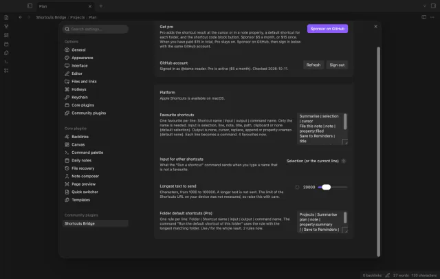 The settings tab scrolled to Folder default shortcuts, with a rule for Projects and a rule for the whole vault.