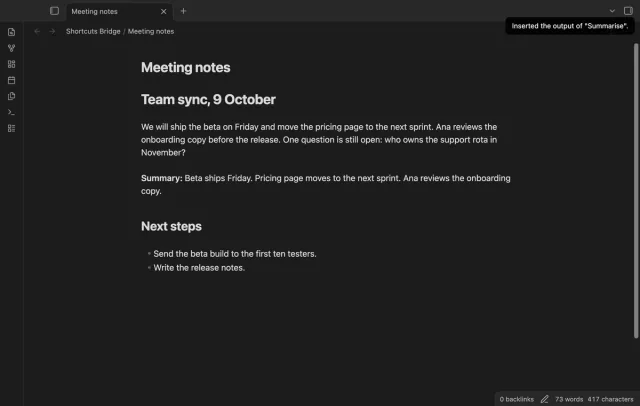 The note Meeting notes with a stand-in summary below the first paragraph and the notice Inserted the output of Summarise.