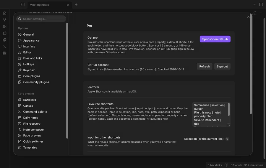 The settings with four favourite shortcuts, then the Run a shortcut list. Next come the notice Inserted the output of Summarise and a note with two shortcut buttons.