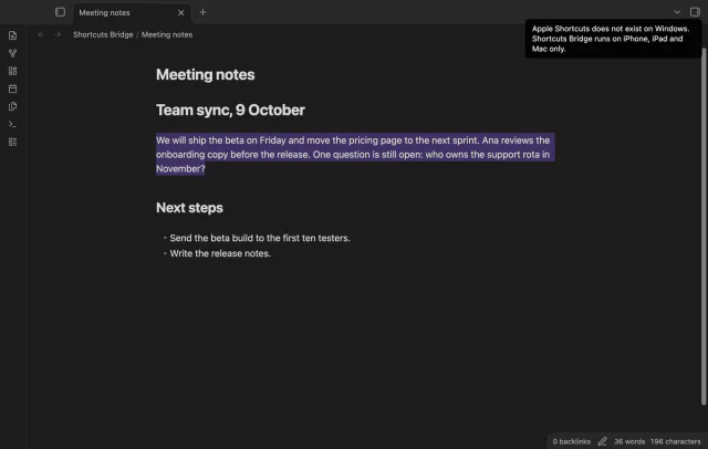 The note Meeting notes with a notice that says Apple Shortcuts does not exist on Windows.