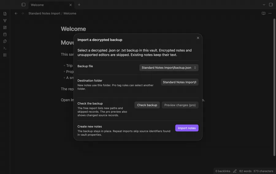 The demo shows backup selection, a report and an imported sample note.