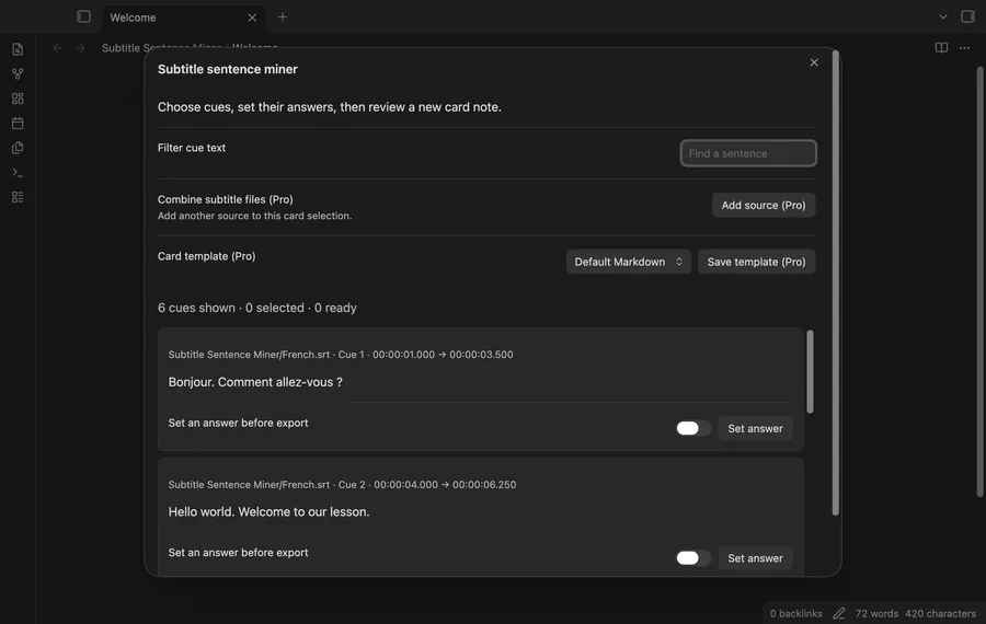 Read subtitle cues, mark a hidden span and review a Markdown card