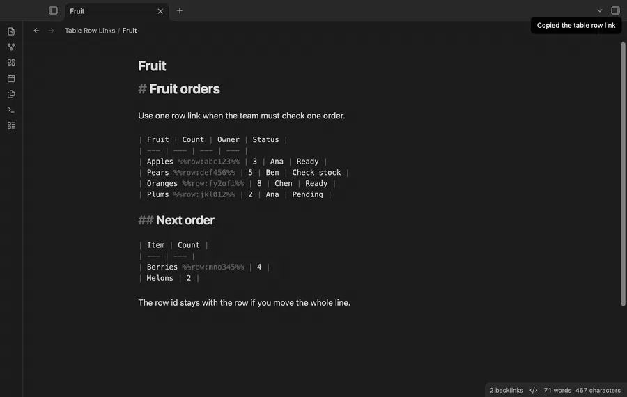 Copy a row link, view the table, then find marked rows in a note and in the vault