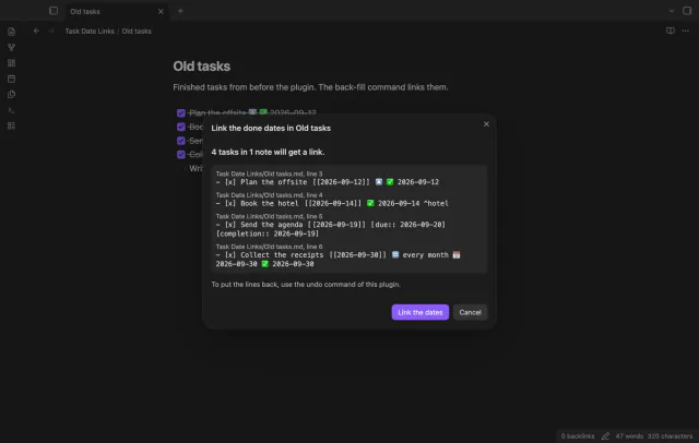 The preview window Link the done dates in Old tasks, with four task lines and a link to the done date in each line.