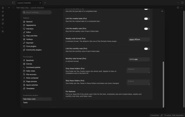 The Pro settings with switches for the created date, the weekly note and the monthly note, and two boxes for folder rules.