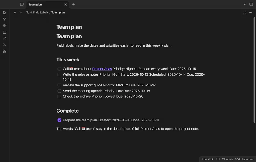 Turn field labels off and on in a task plan